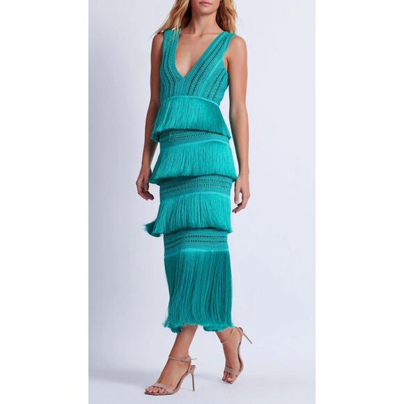 PatBO PLUNGING FRINGE MIDI DRESS Size 2 - Picture 2 of 13